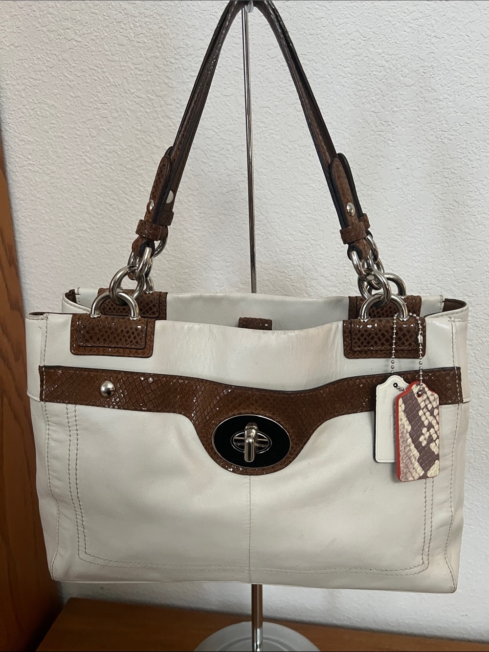 Coach Penelope satchel cream with brown snake print leather trim